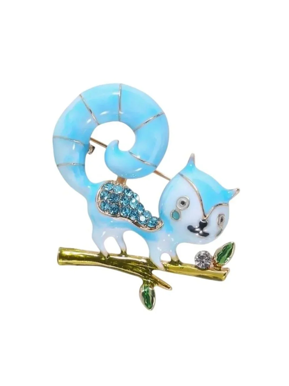 Cute Cartoon Blue Enamel Squirrel Brooch with Crystals
